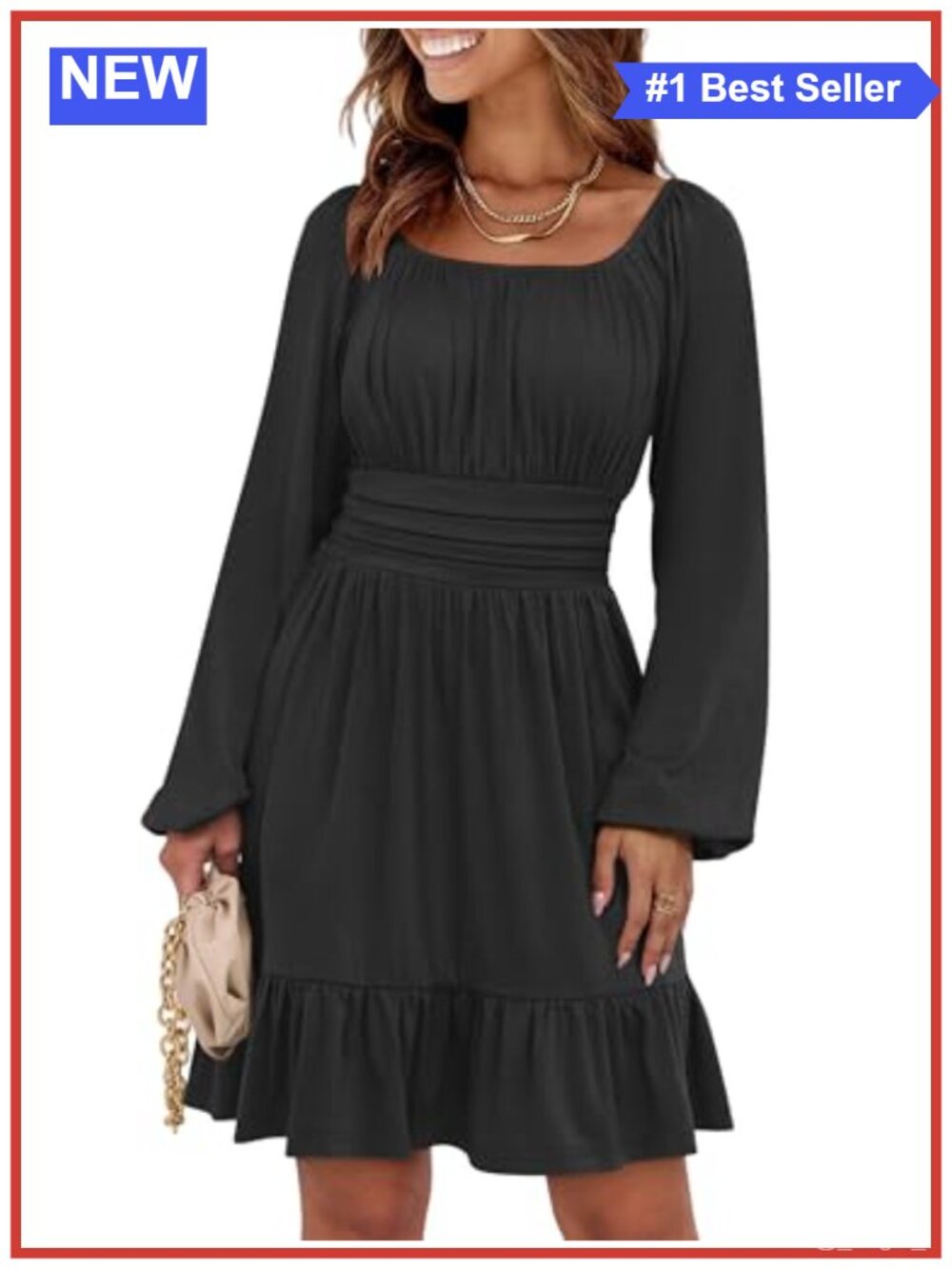 Women's A-Line Mini Dress with Square Neck & Lantern Sleeves